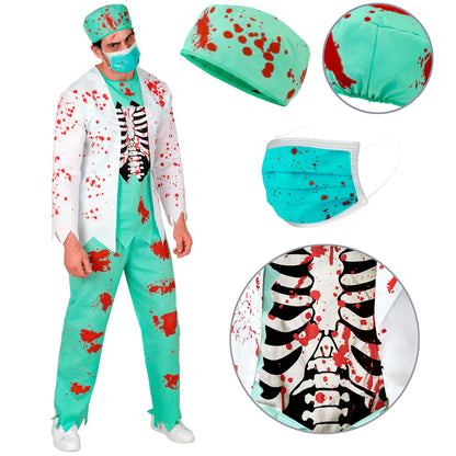 "ZOMBIE DOKTOR" (Oberteil mit Rippenknochen, Hose, Kopfbedeckung, Maske) – Detailansicht