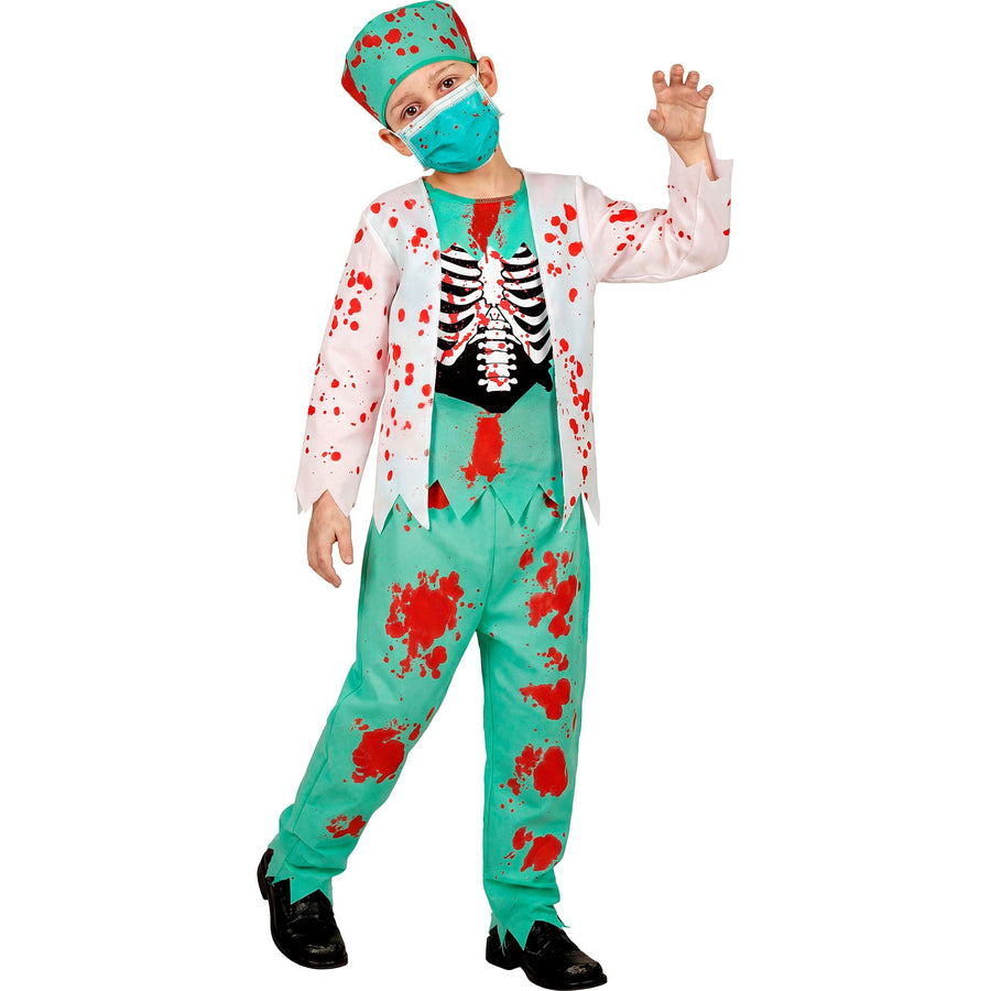 "ZOMBIE DOKTOR" (Oberteil mit Rippenknochen, Hose, Kopfbedeckung, Maske) – Vorderansicht