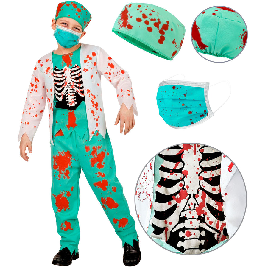 "ZOMBIE DOKTOR" (Oberteil mit Rippenknochen, Hose, Kopfbedeckung, Maske) – Detailansicht