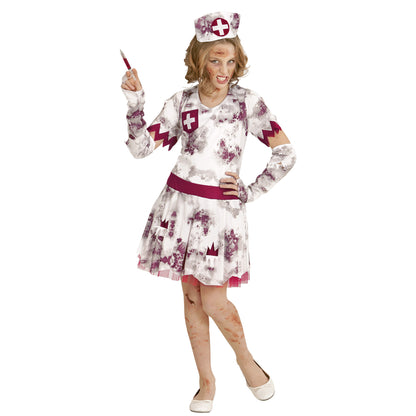 "ZOMBIE KRANKENSCHWESTER" (Kleid, fingerlose Handschuhe, Haube) – Detailansicht