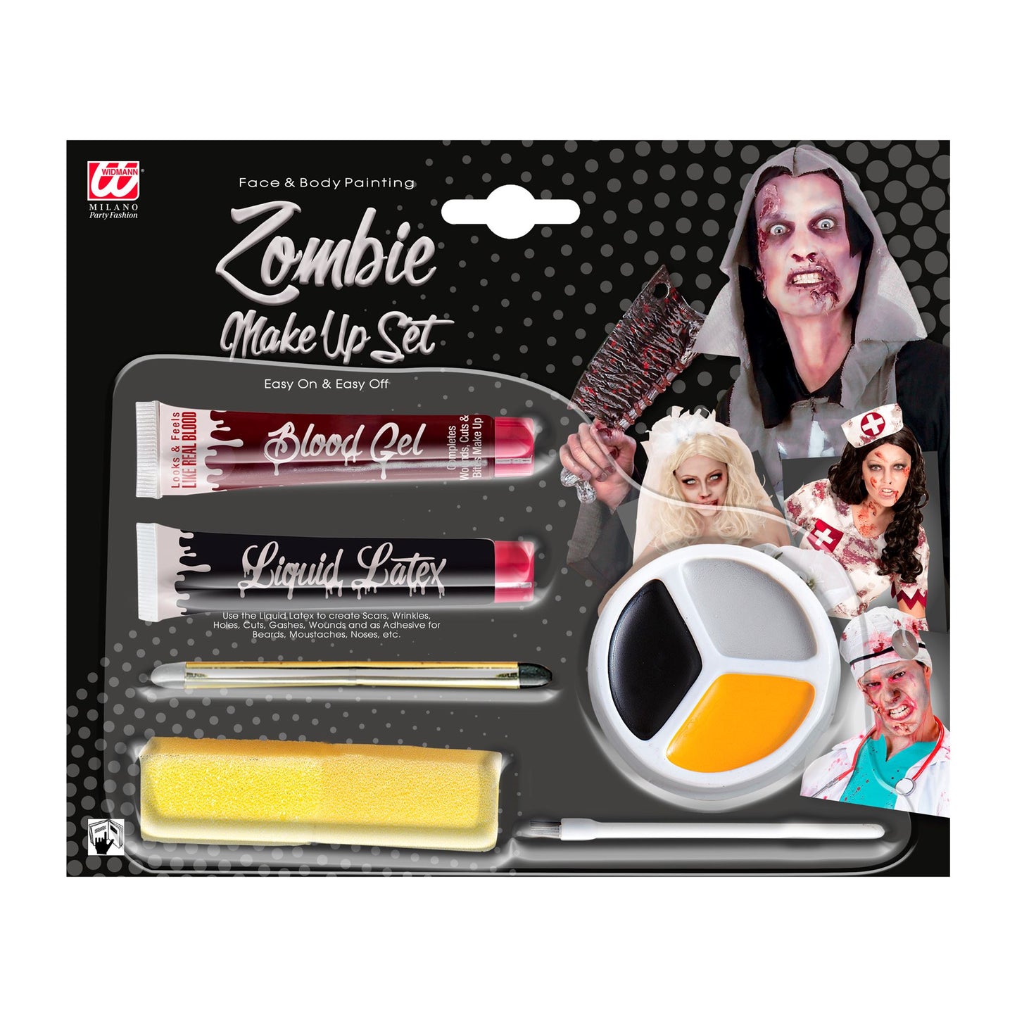 "ZOMBIE MAKE-UP KIT" (flüssiges Latexblut 10 ml, schwarzer & grauer Eyeliner 4,8 ml, Schälchen mit dreifarbigen Make-up 4,5 ml, Pinsel, 2 Schwämme) – Vorderansicht