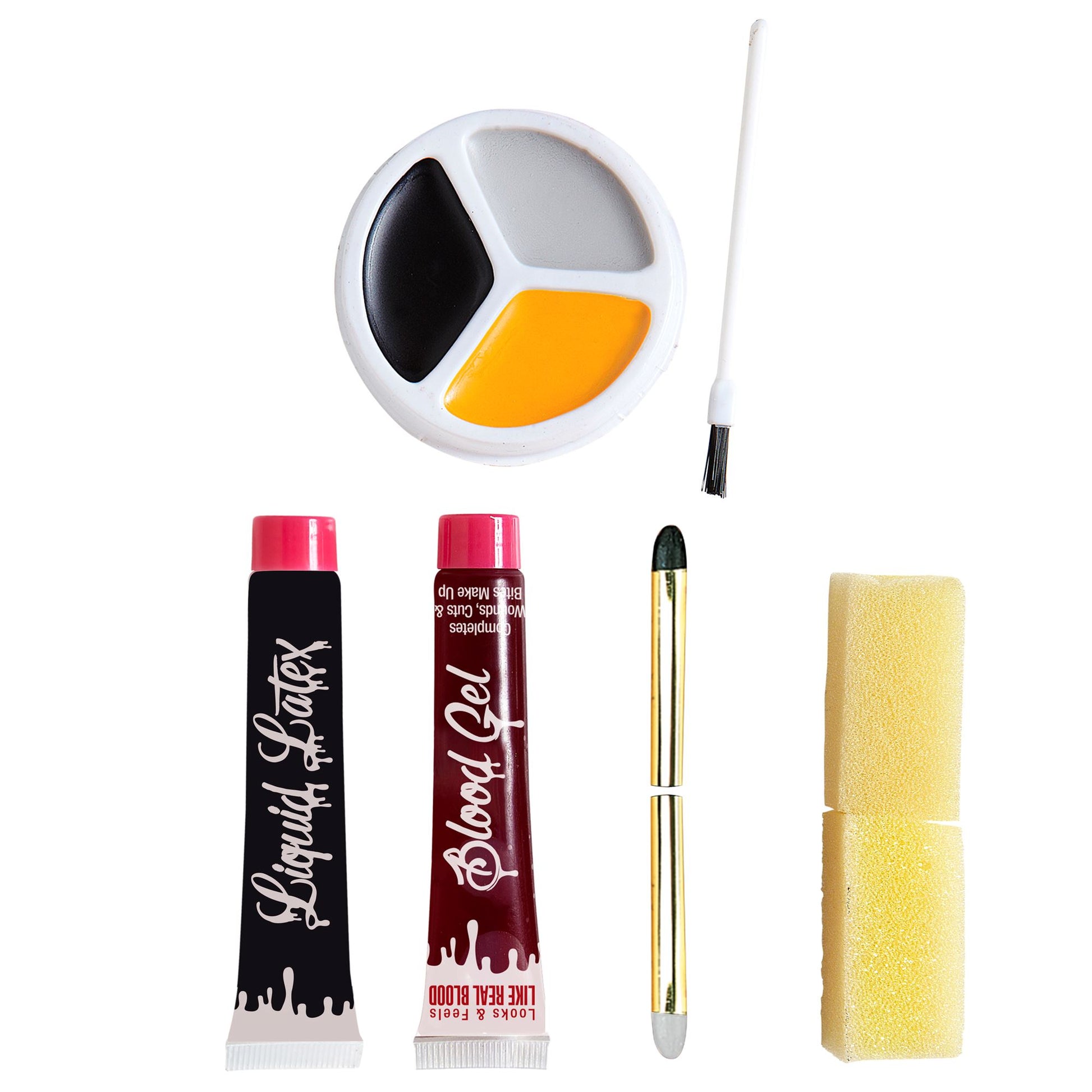 "ZOMBIE MAKE-UP KIT" (flüssiges Latexblut 10 ml, schwarzer & grauer Eyeliner 4,8 ml, Schälchen mit dreifarbigen Make-up 4,5 ml, Pinsel, 2 Schwämme) – Detailansicht