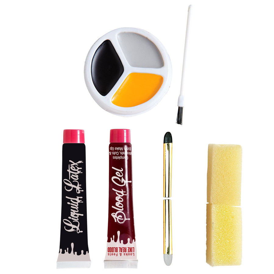 "ZOMBIE MAKE-UP KIT" (flüssiges Latexblut 10 ml, schwarzer & grauer Eyeliner 4,8 ml, Schälchen mit dreifarbigen Make-up 4,5 ml, Pinsel, 2 Schwämme) – Detailansicht