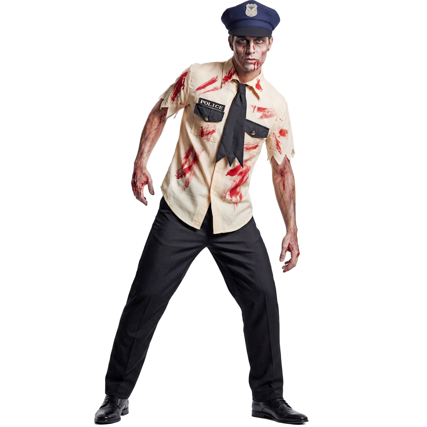"ZOMBIE POLIZIST" (Blutiges Hemd, Hose, zerfetzte Krawatte, Hut) – Vorderansicht