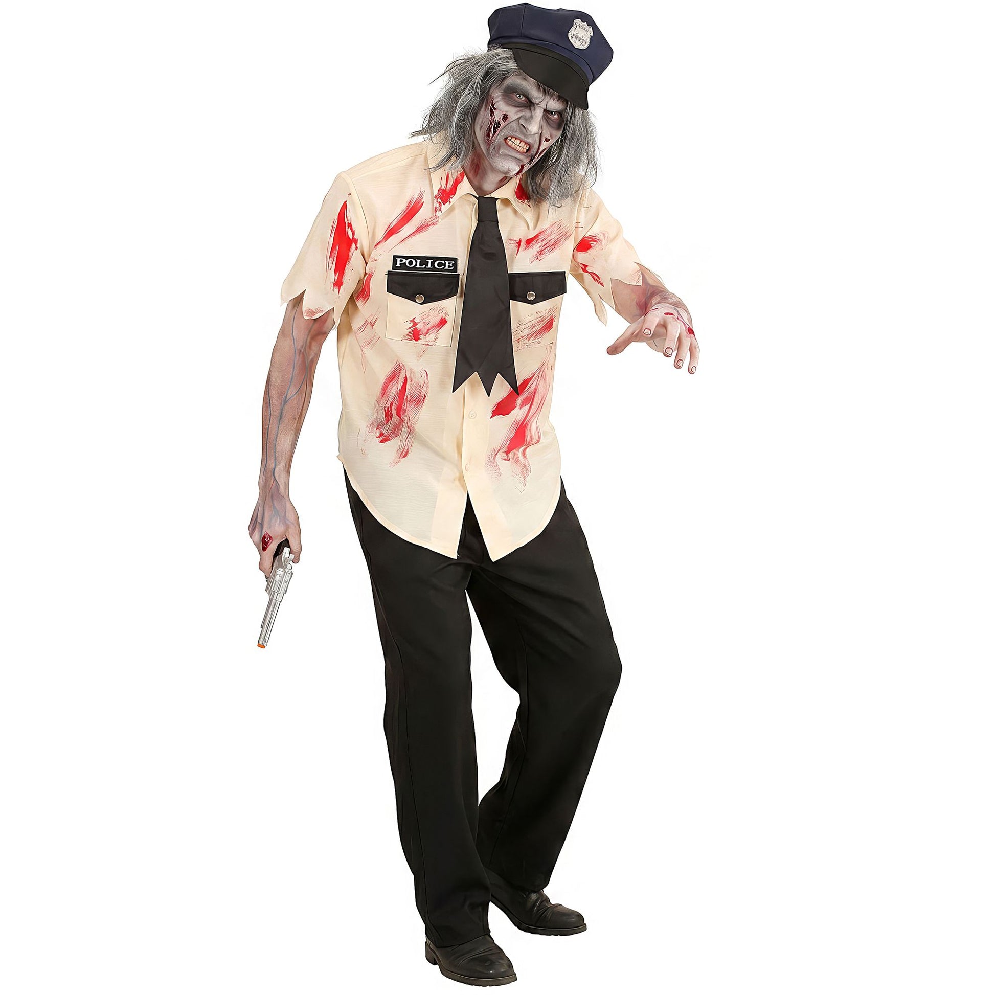 "ZOMBIE POLIZIST" (Blutiges Hemd, Hose, zerfetzte Krawatte, Hut) – Detailansicht