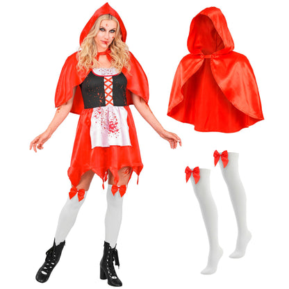 "ZOMBIE ROTKÄPPCHEN" (Kleid, Umhang mit Kapuze, halterlose Strümpfe mit Schleife) – Detailansicht