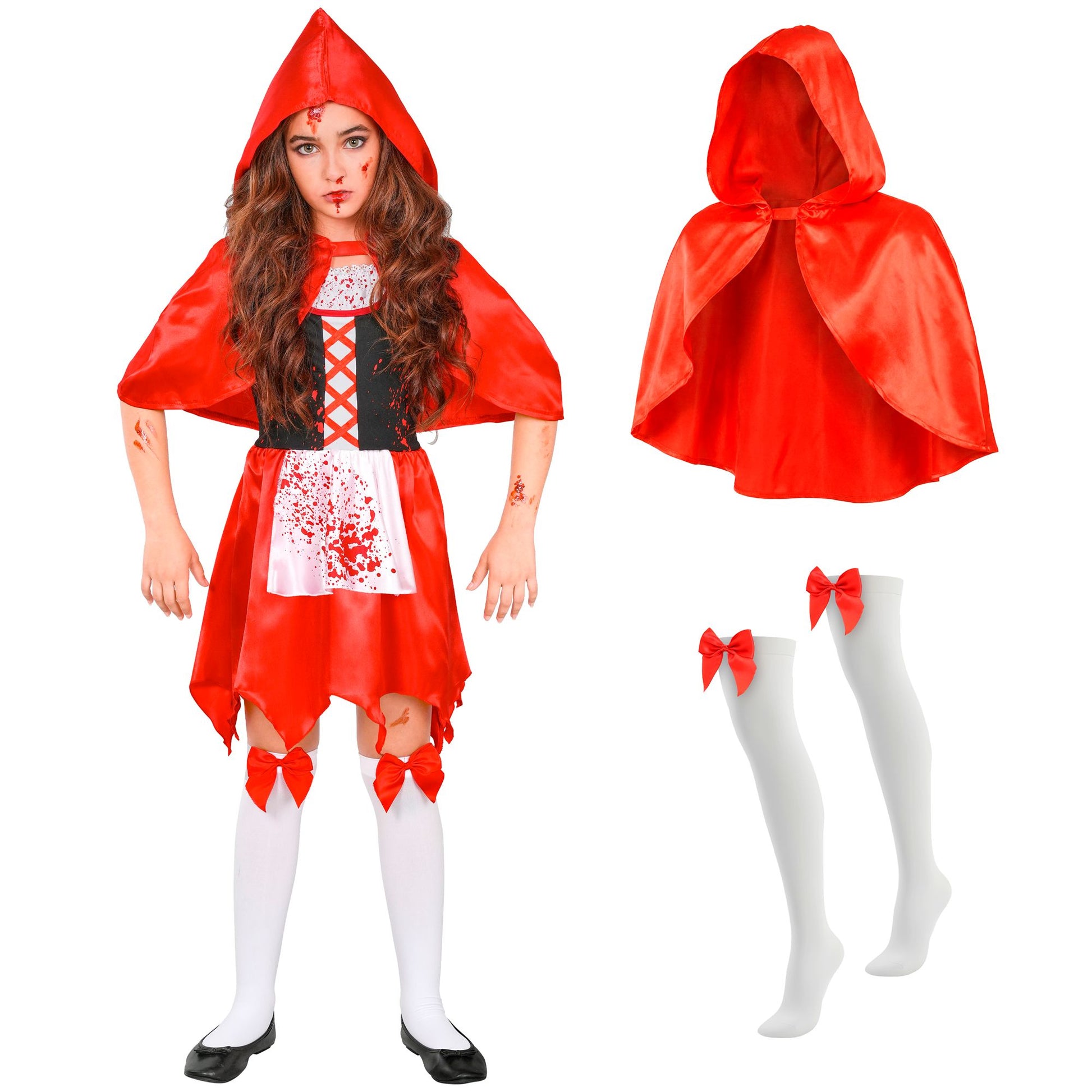"ZOMBIE ROTKÄPPCHEN" (Kleid, Umhang mit Kapuze, halterlose Strümpfe mit Schleife) – Detailansicht