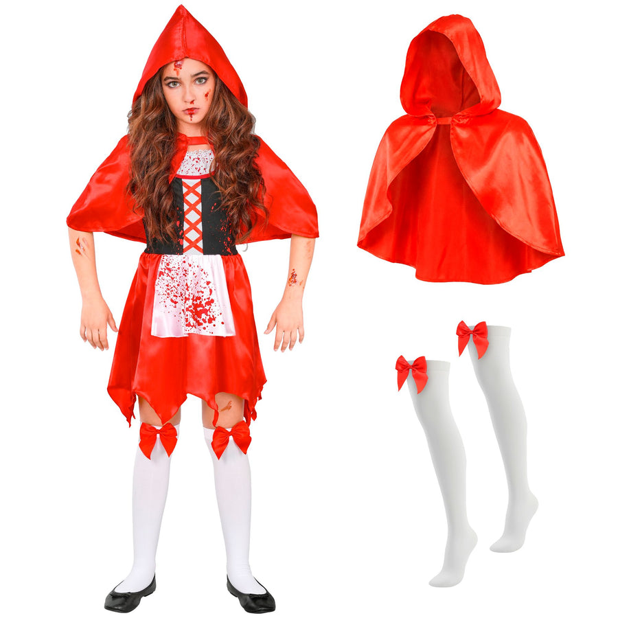 "ZOMBIE ROTKÄPPCHEN" (Kleid, Umhang mit Kapuze, halterlose Strümpfe mit Schleife) – Detailansicht