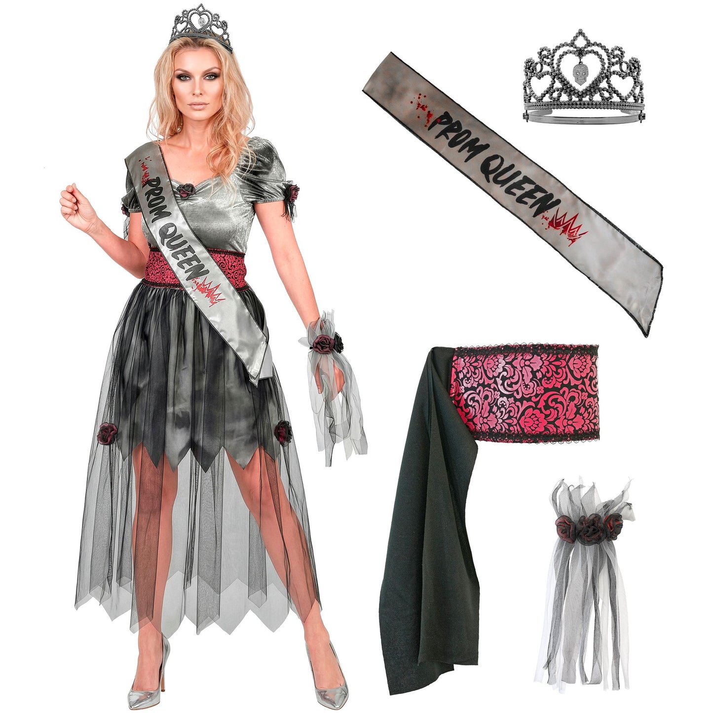 "ZOMBIE SCHÖNHEITSKÖNIGIN" (Kleid, Gürtel, Schärpe, Tiara, Handgelek Corsage) – Detailansicht