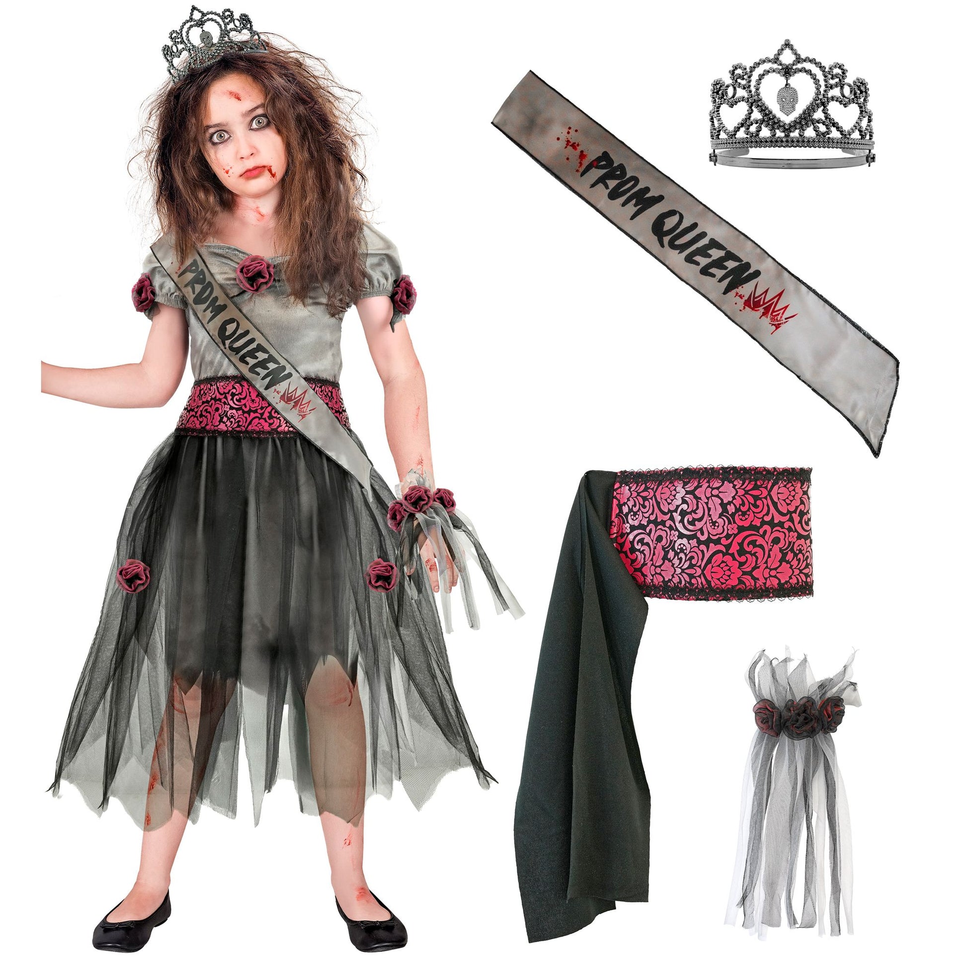 "ZOMBIE SCHÖNHEITSKÖNIGIN" (Kleid, Gürtel, Schärpe, Tiara, Handgelek Corsage) – Detailansicht