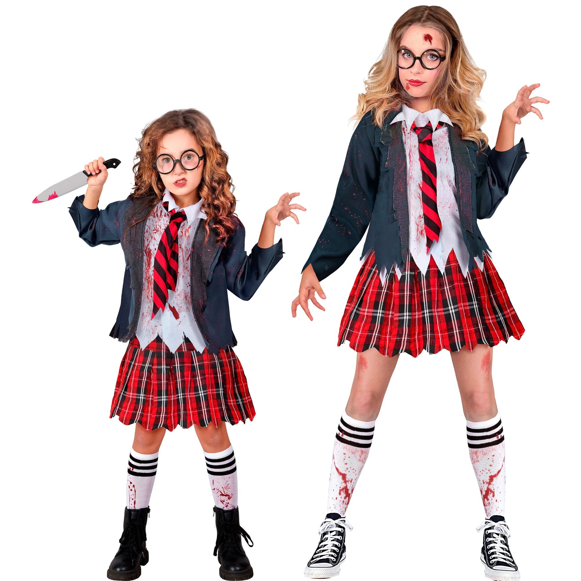 "ZOMBIE SCHULMÄDCHEN" (Jacke mit Bluse, Rock, Kravatte, Strümpfe) – Vorderansicht