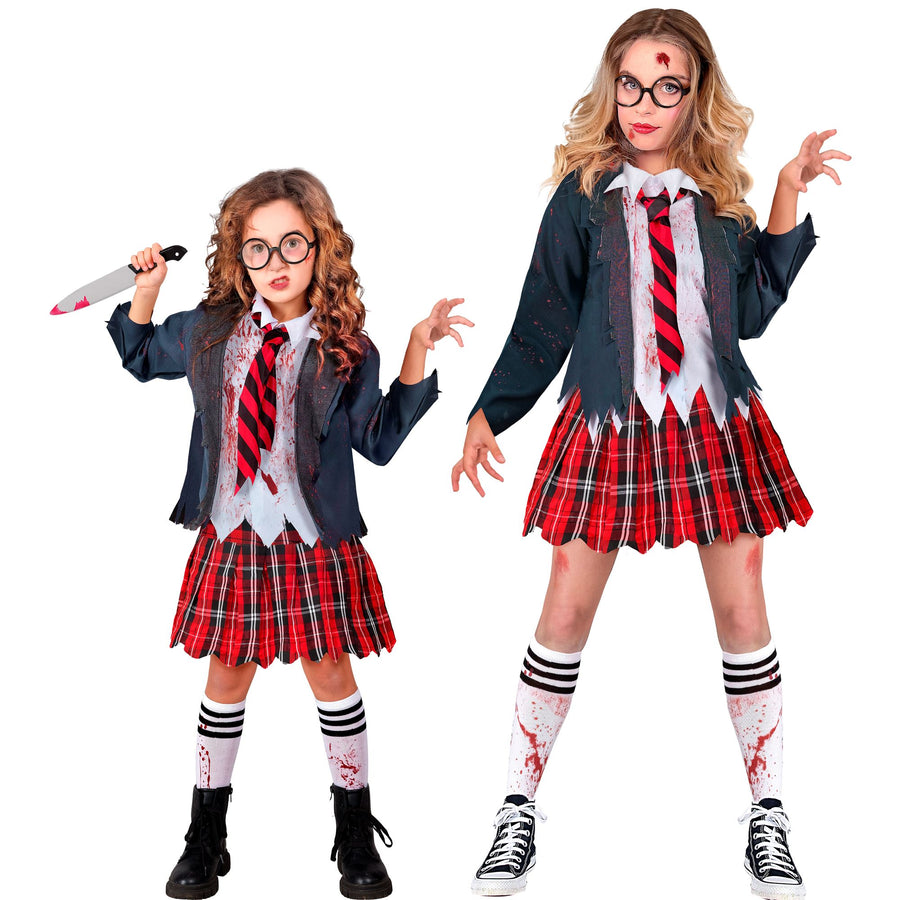 "ZOMBIE SCHULMÄDCHEN" (Jacke mit Bluse, Rock, Kravatte, Strümpfe) – Vorderansicht