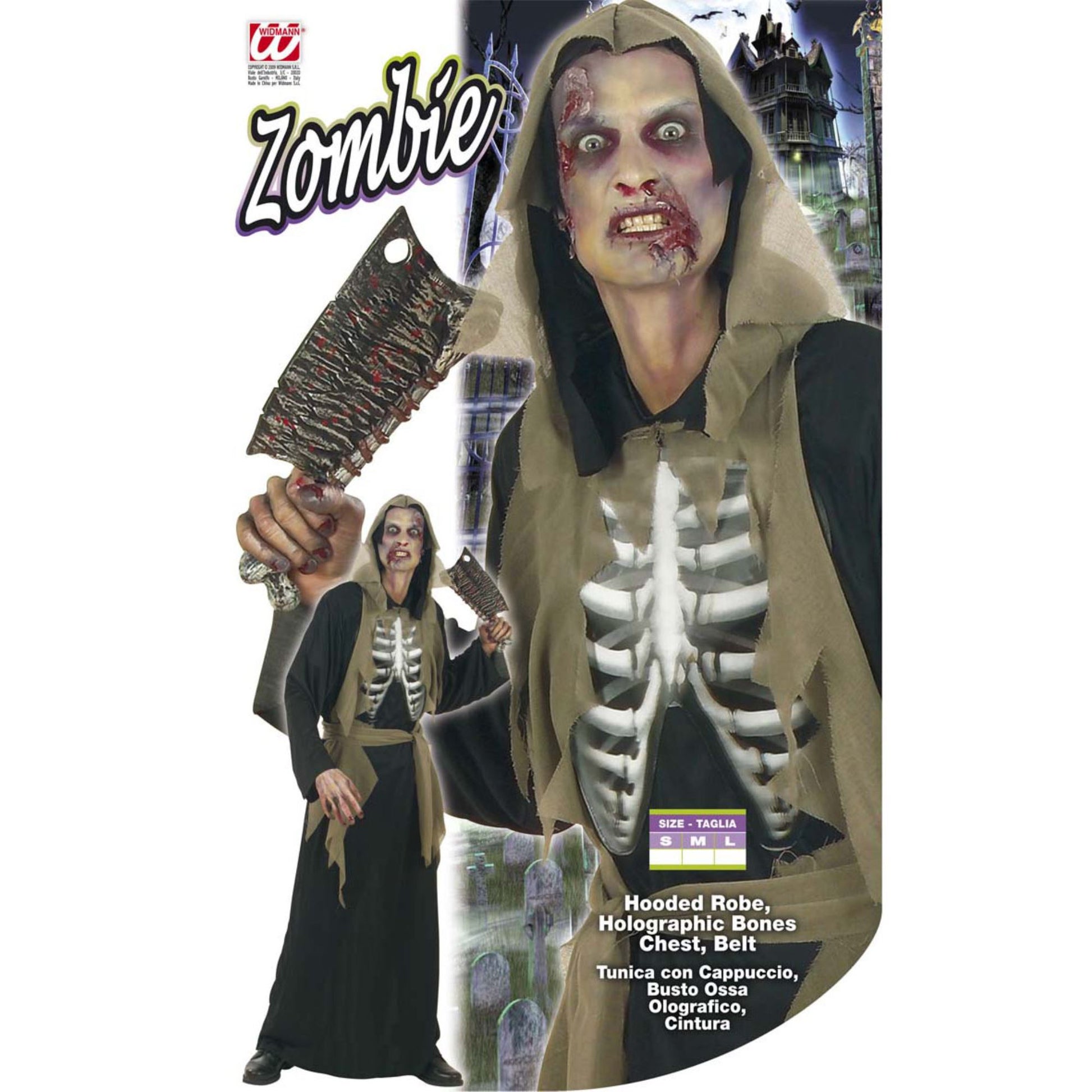 "ZOMBIE" (Tunika mit Kapuze, holografische Brust mit Knochen, Gürtel) – Ansicht 4