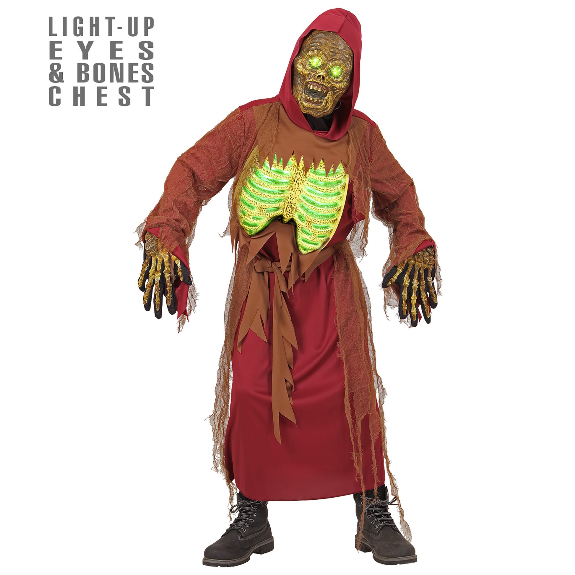 "ZOMBIESKELETT" (Robe mit Kapuze, Gürtel, Maske & Brustpanzer mit Lichteffekt) – Vorderansicht