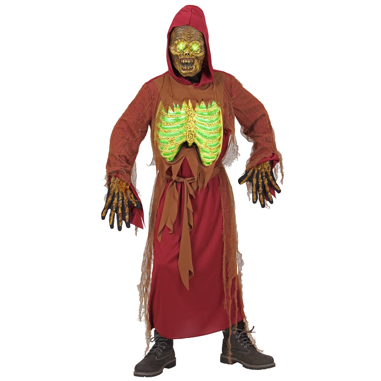 "ZOMBIESKELETT" (Robe mit Kapuze, Gürtel, Maske & Brustpanzer mit Lichteffekt) – Detailansicht