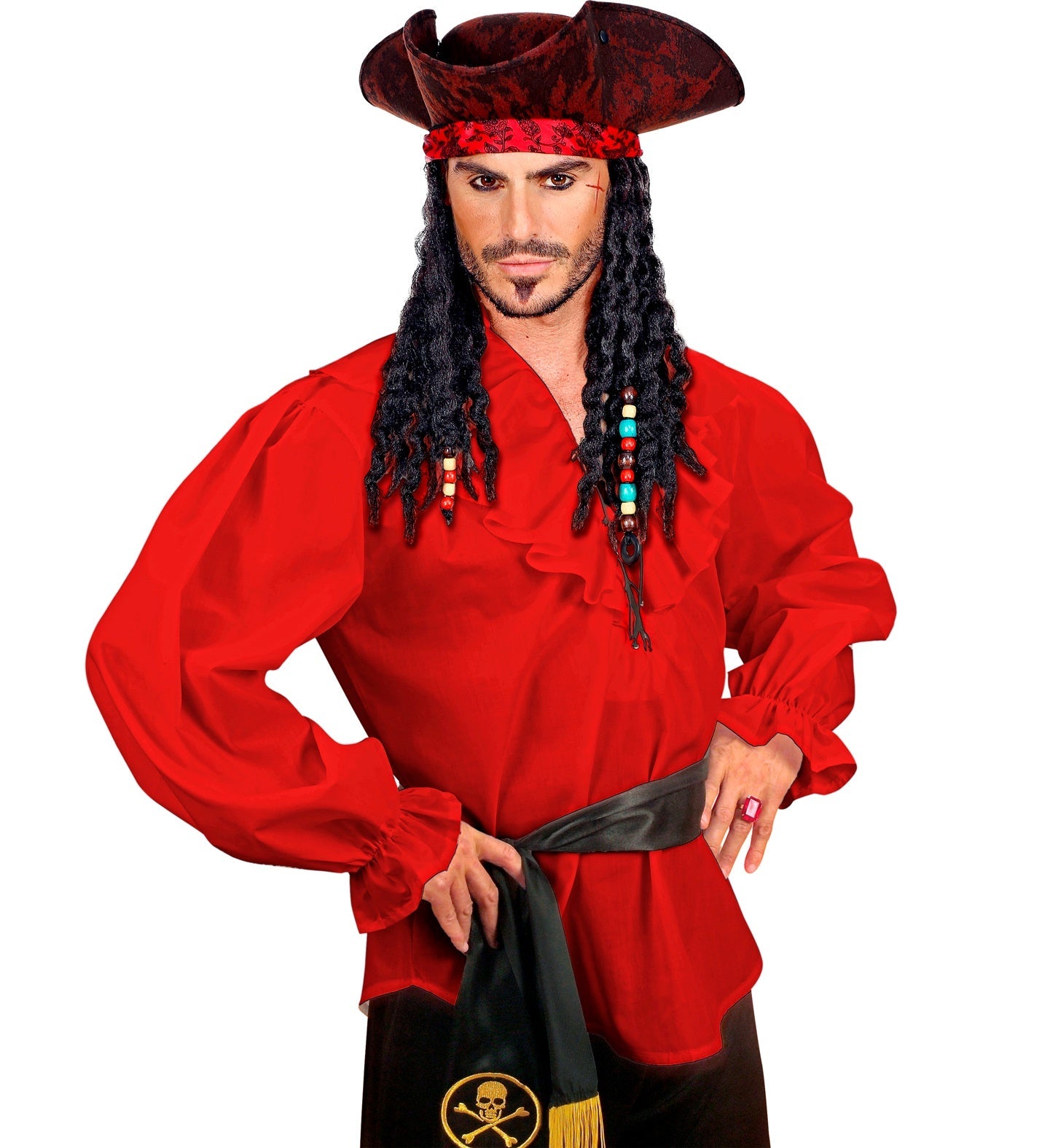 Red ruffled cotton pirate renaissance shirt for men, with elastic neckline and cuffs.