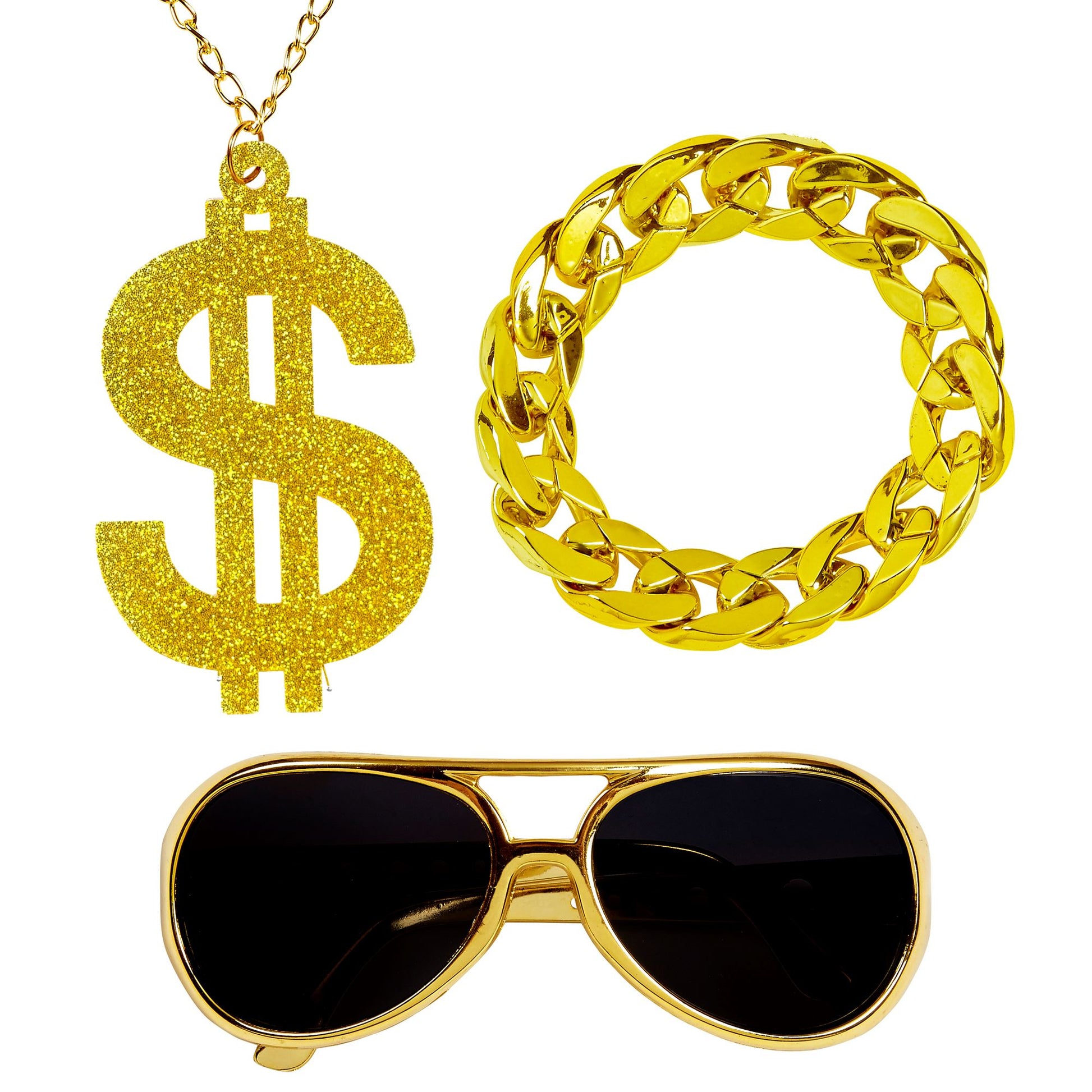 "ZUHÄLTER" (goldene Sonnenbrille, goldene Dollar Kette, goldenes Armband) – Vorderansicht