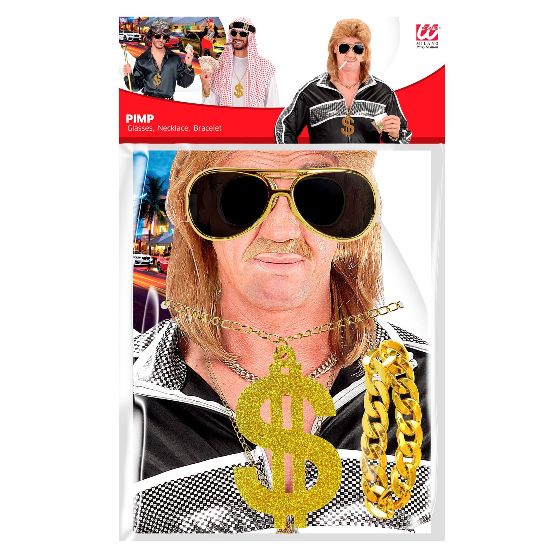 "ZUHÄLTER" (goldene Sonnenbrille, goldene Dollar Kette, goldenes Armband) – Detailansicht