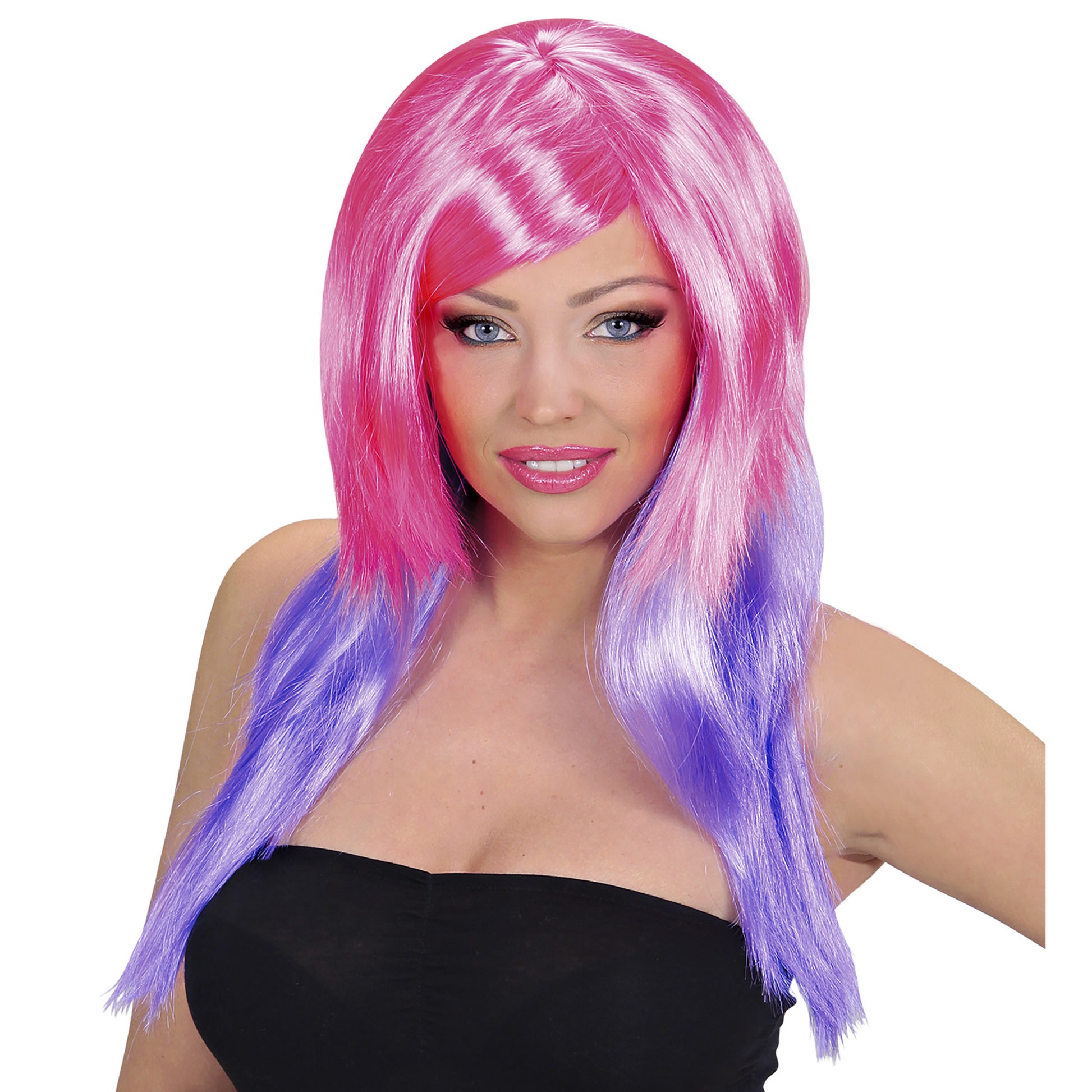 "ZWEIFARBIGE PERÜCKE PINK/VIOLETT" in Box – Vorderansicht