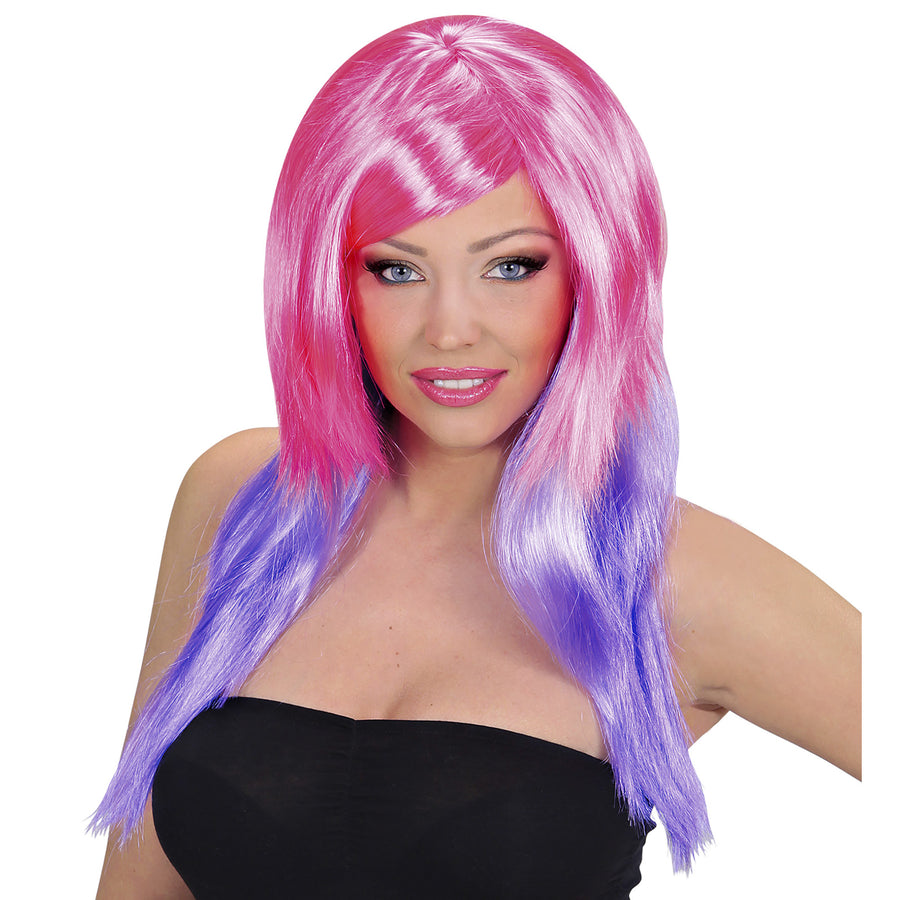 "ZWEIFARBIGE PERÜCKE PINK/VIOLETT" in Box – Vorderansicht