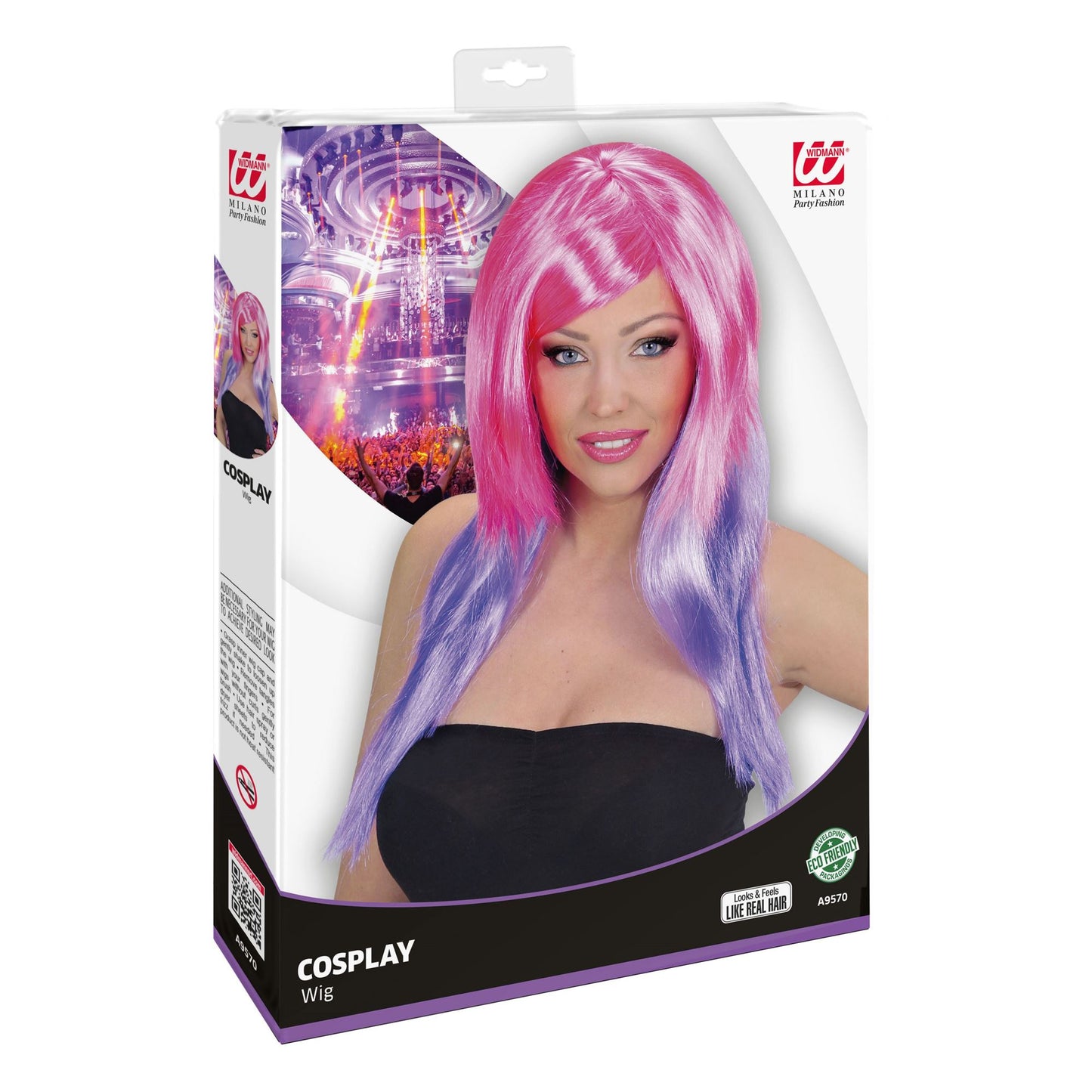 "ZWEIFARBIGE PERÜCKE PINK/VIOLETT" in Box – Detailansicht