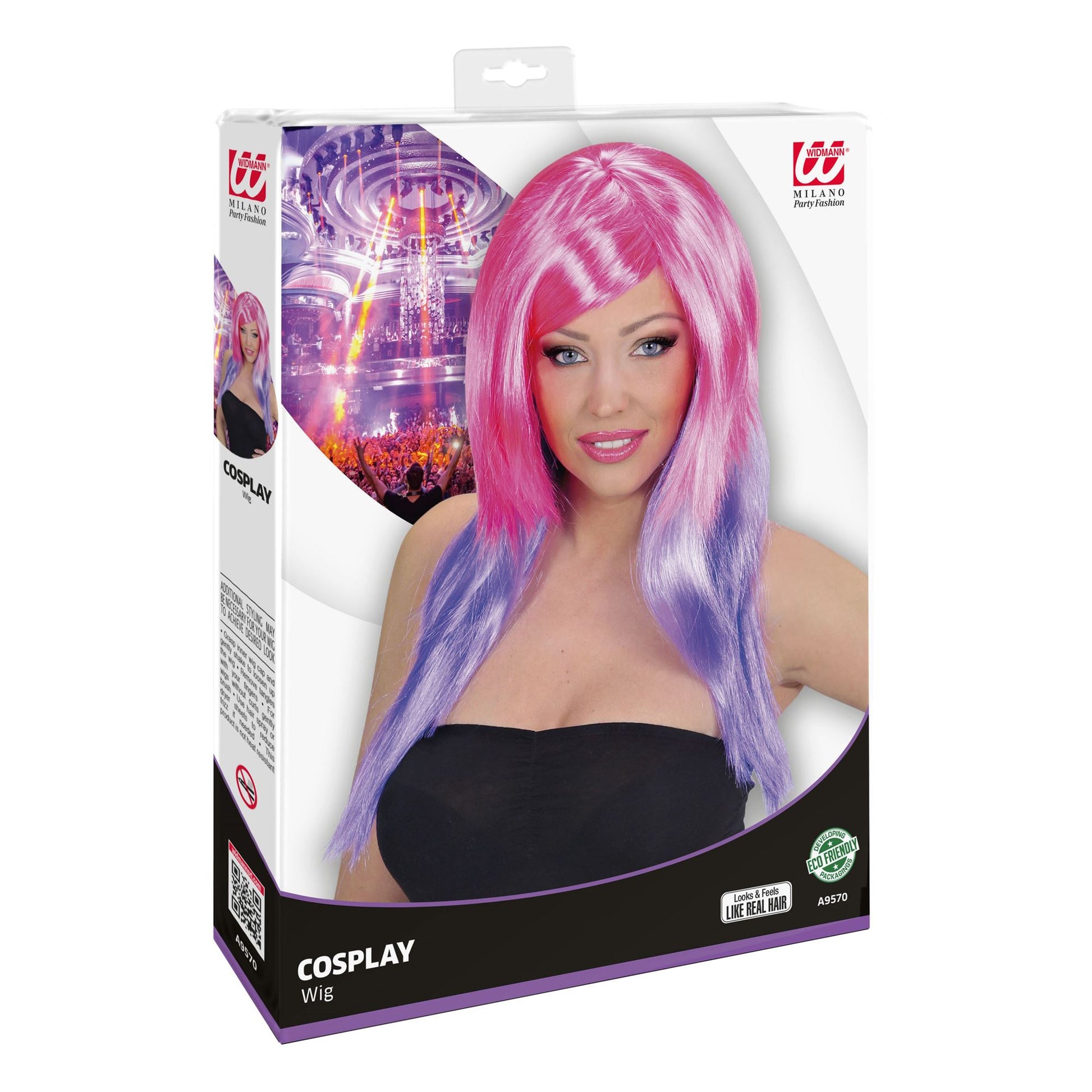 "ZWEIFARBIGE PERÜCKE PINK/VIOLETT" in Box – Detailansicht