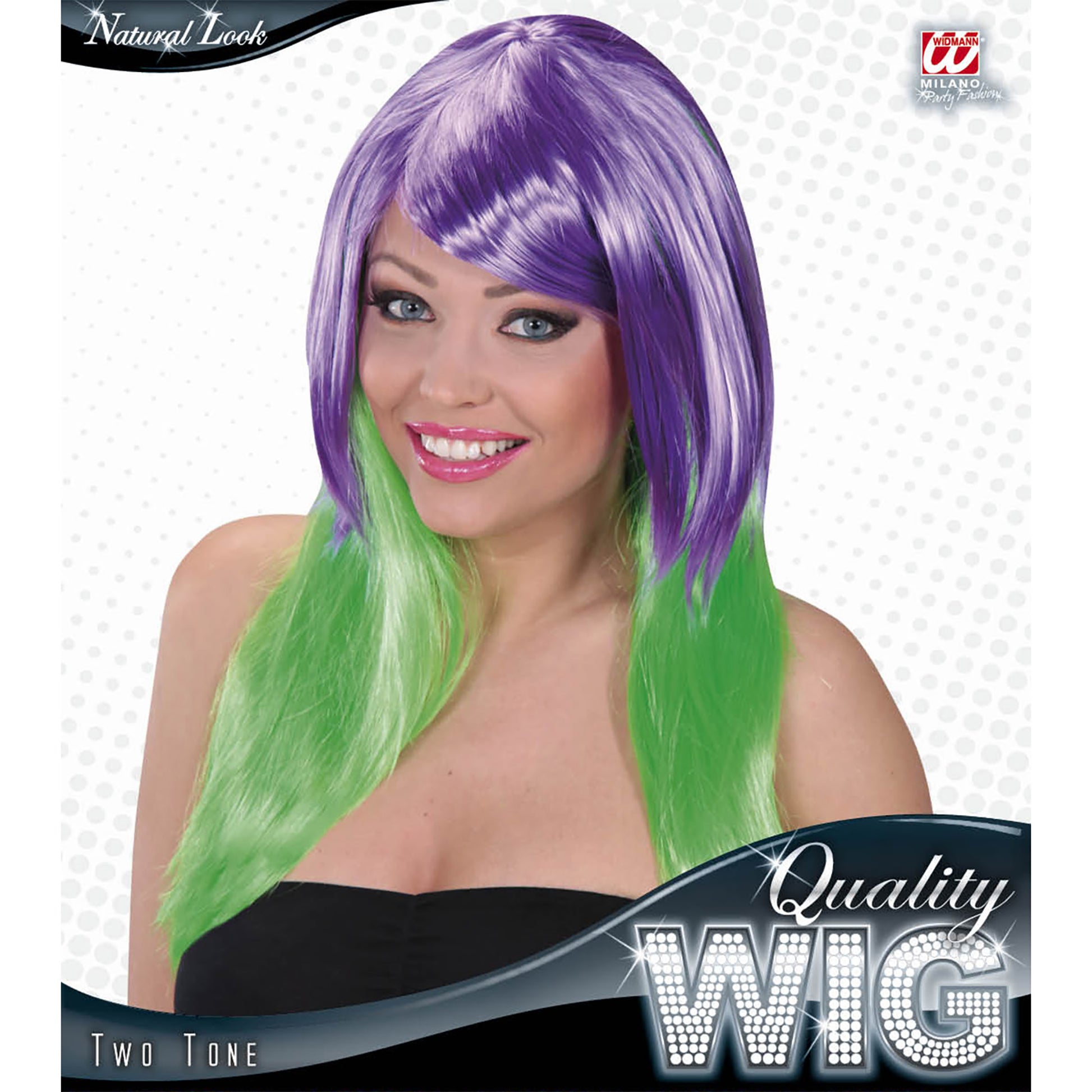 "ZWEIFARBIGE PERÜCKE VIOLETT/GRÜN" in Box – Detailansicht