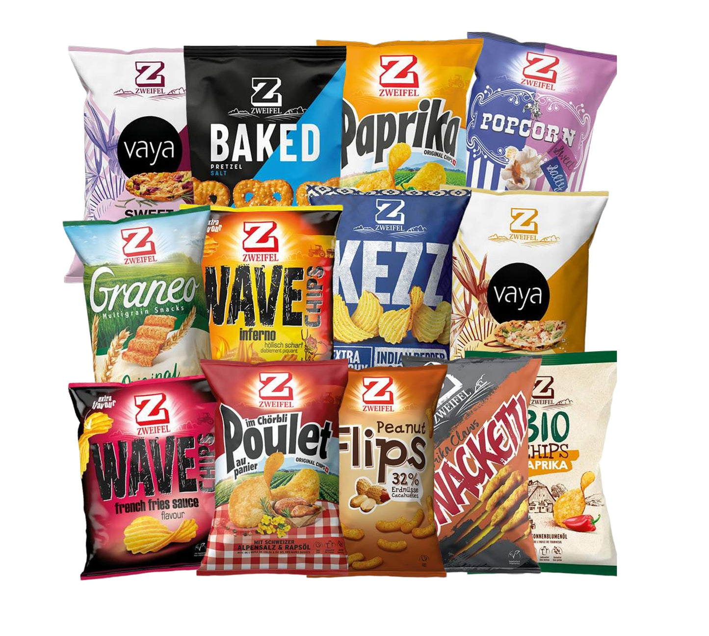 Mystery Box mit 12 verschiedenen Zweifel Chips Snacks in buntem Verpackungsdesign.