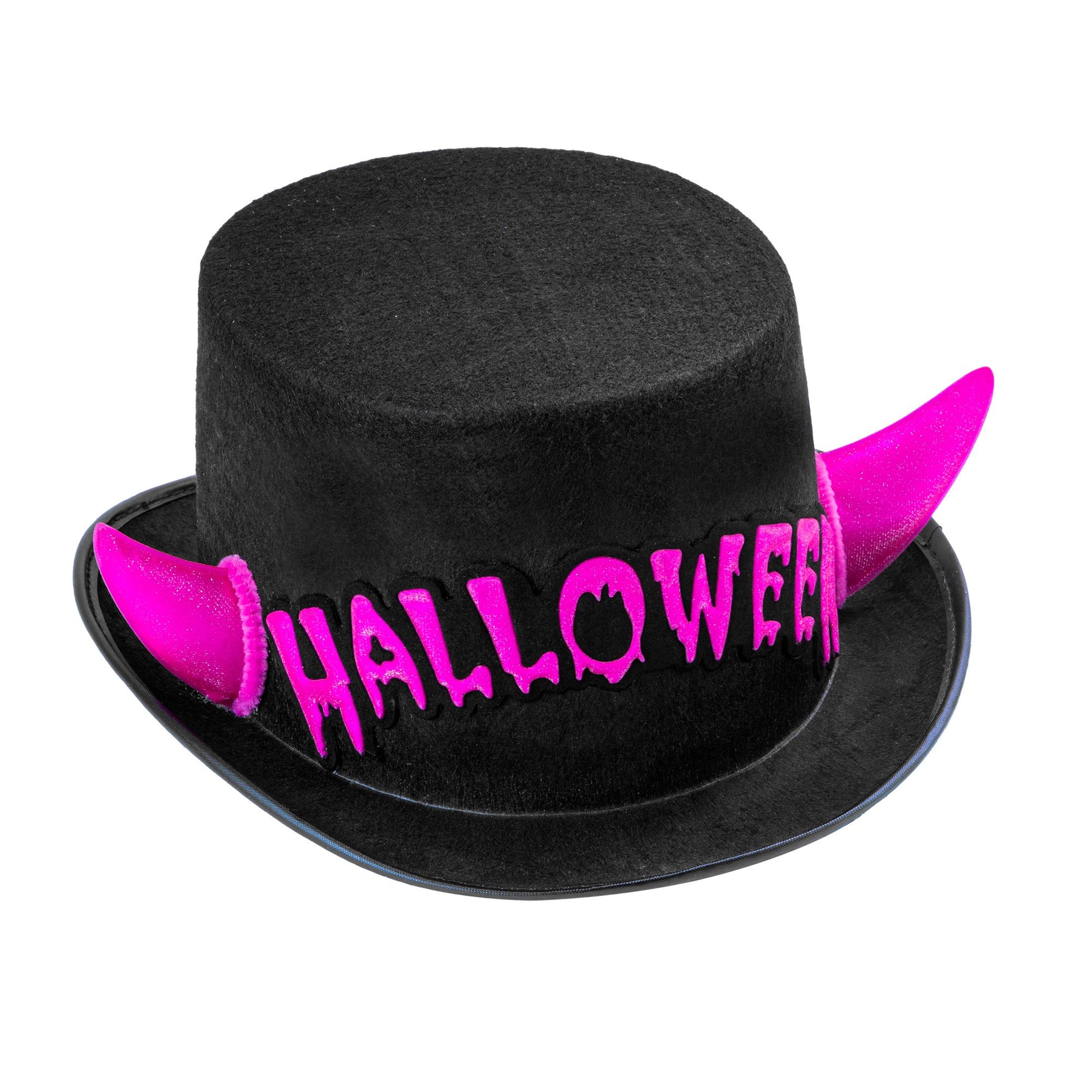 "ZYLINDER HALLOWEEN MIT ROSA REFLEKTIERENDEN HÖRNERN AUS FILZ" 11 cm – Vorderansicht