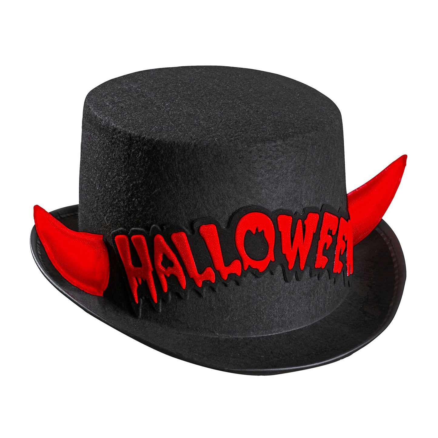 "ZYLINDER HALLOWEEN MIT ROTEN REFLEKTIERENDEN HÖRNERN AUS FILZ" 11 cm – Vorderansicht
