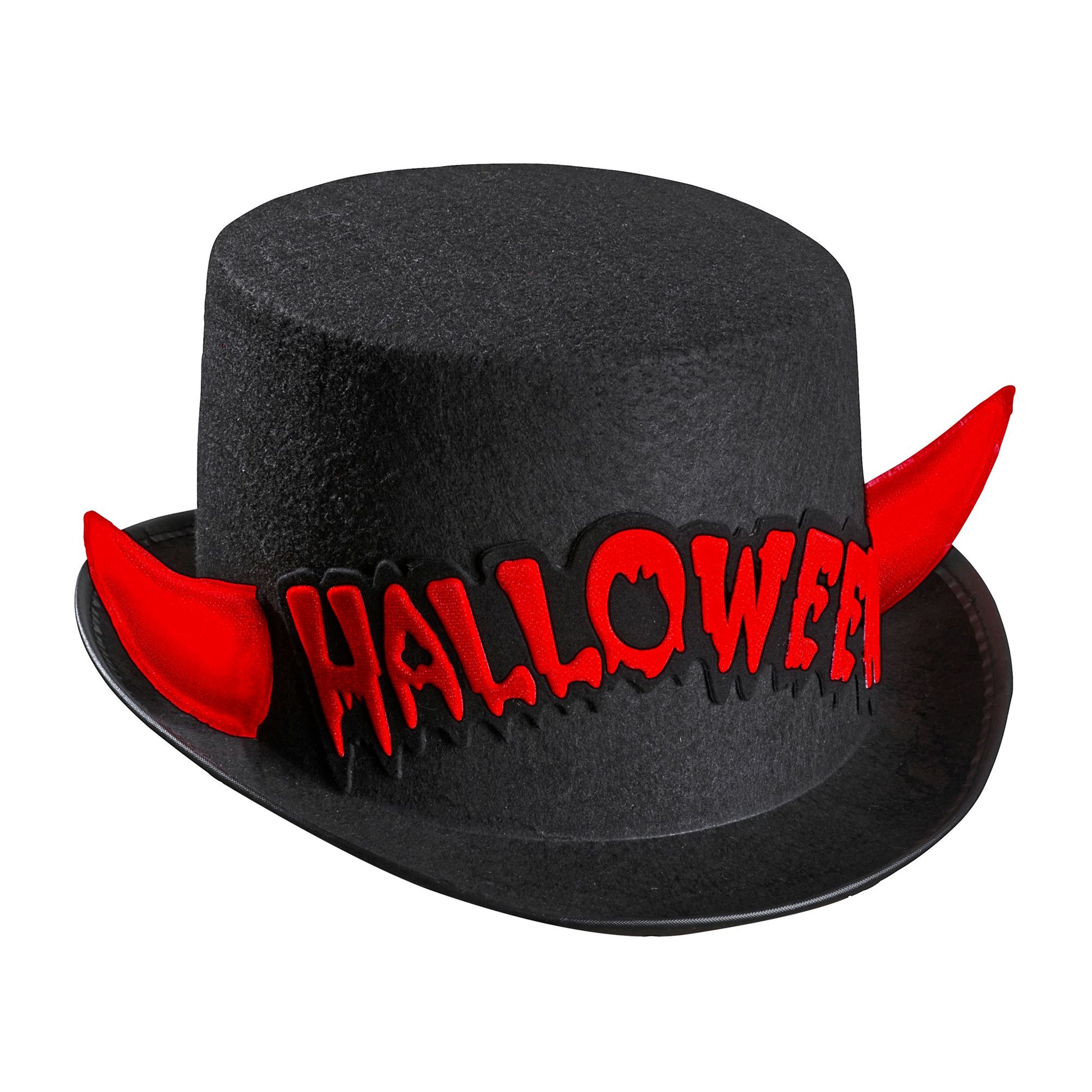"ZYLINDER HALLOWEEN MIT ROTEN REFLEKTIERENDEN HÖRNERN AUS FILZ" 11 cm – Vorderansicht