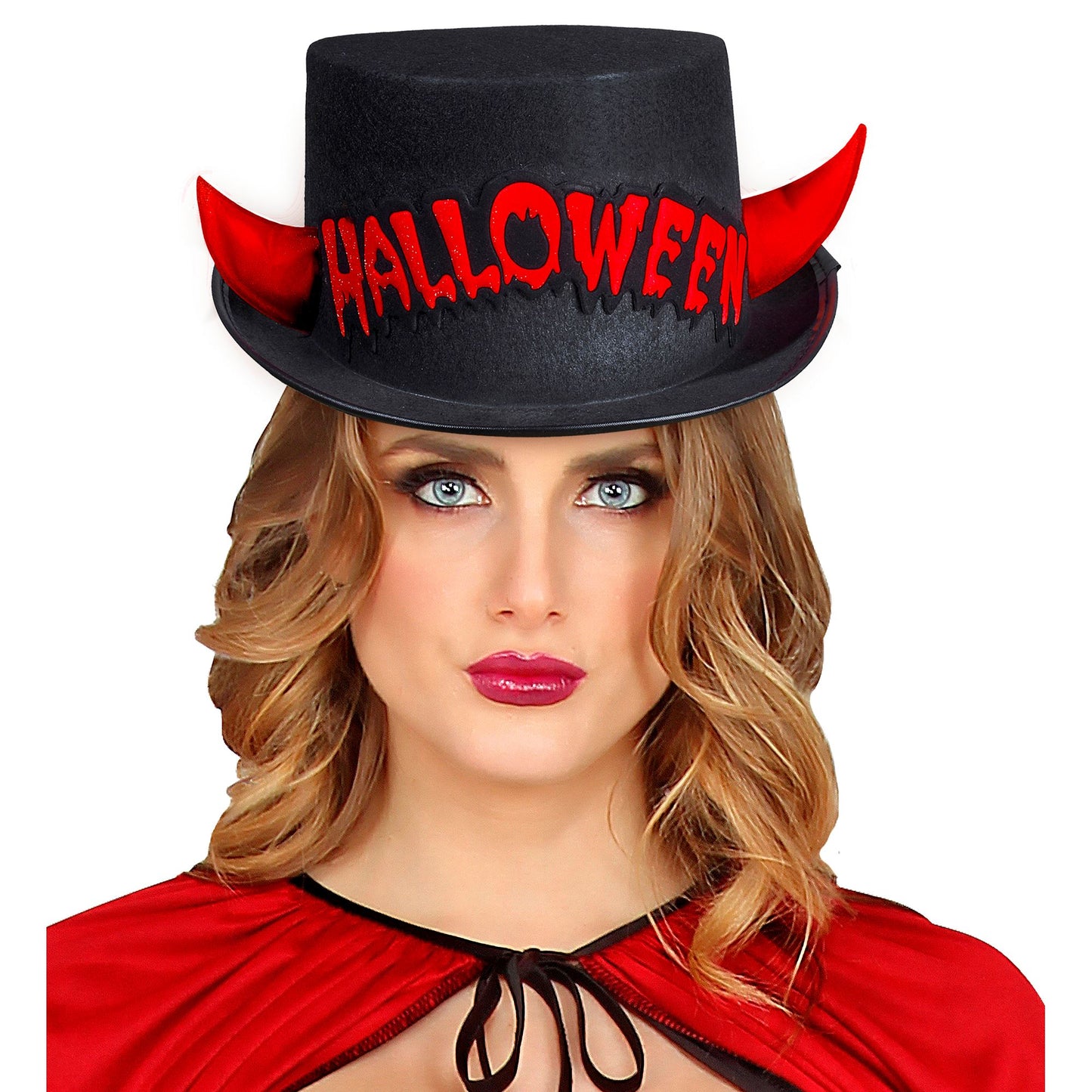 "ZYLINDER HALLOWEEN MIT ROTEN REFLEKTIERENDEN HÖRNERN AUS FILZ" 11 cm – Detailansicht