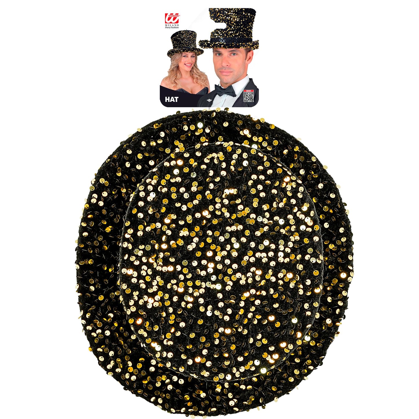 "ZYLINDER PAILLETTEN SCHWARZ/GOLD" 18 cm – Detailansicht