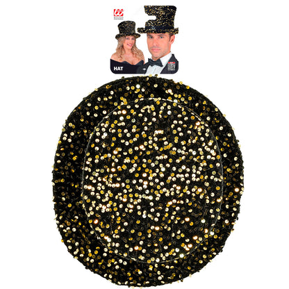 "ZYLINDER PAILLETTEN SCHWARZ/GOLD" 18 cm – Detailansicht